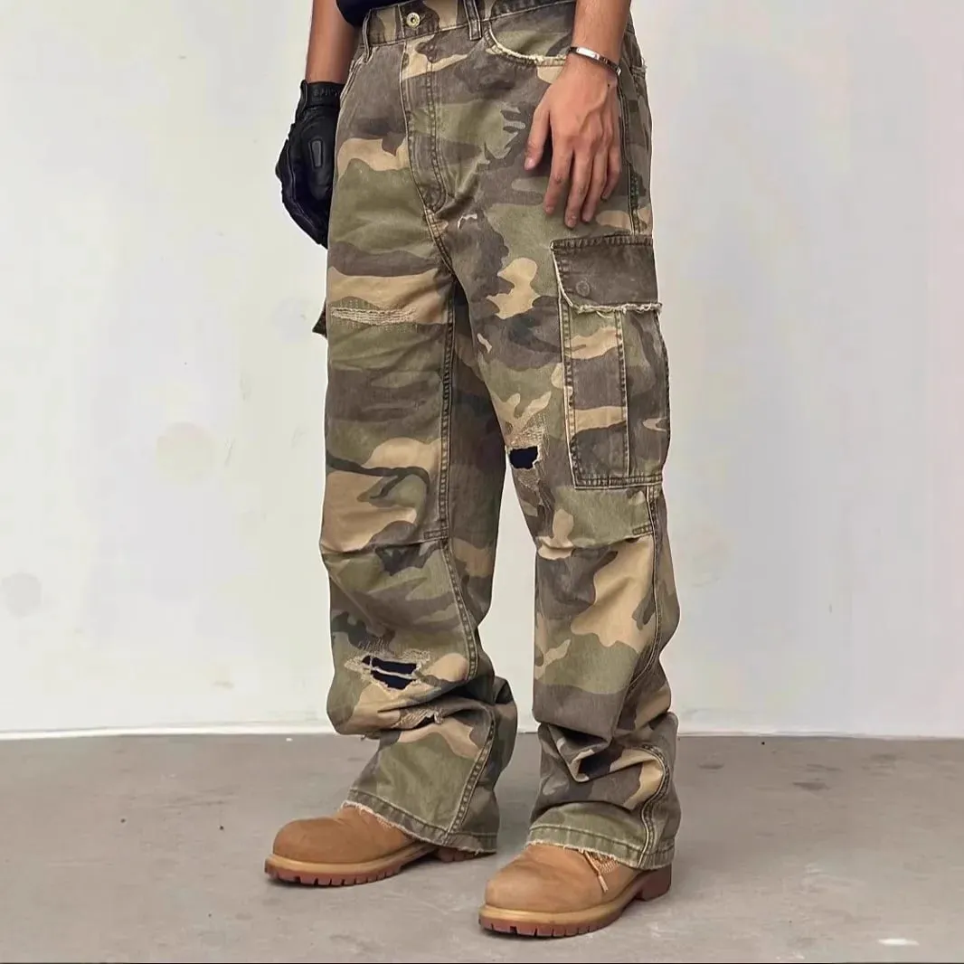 American Street Style Washed Camouflage Workwear Jeans Hole Straight Leg Spring Autumn Casual Cotton Trendy Long Pants — image 4