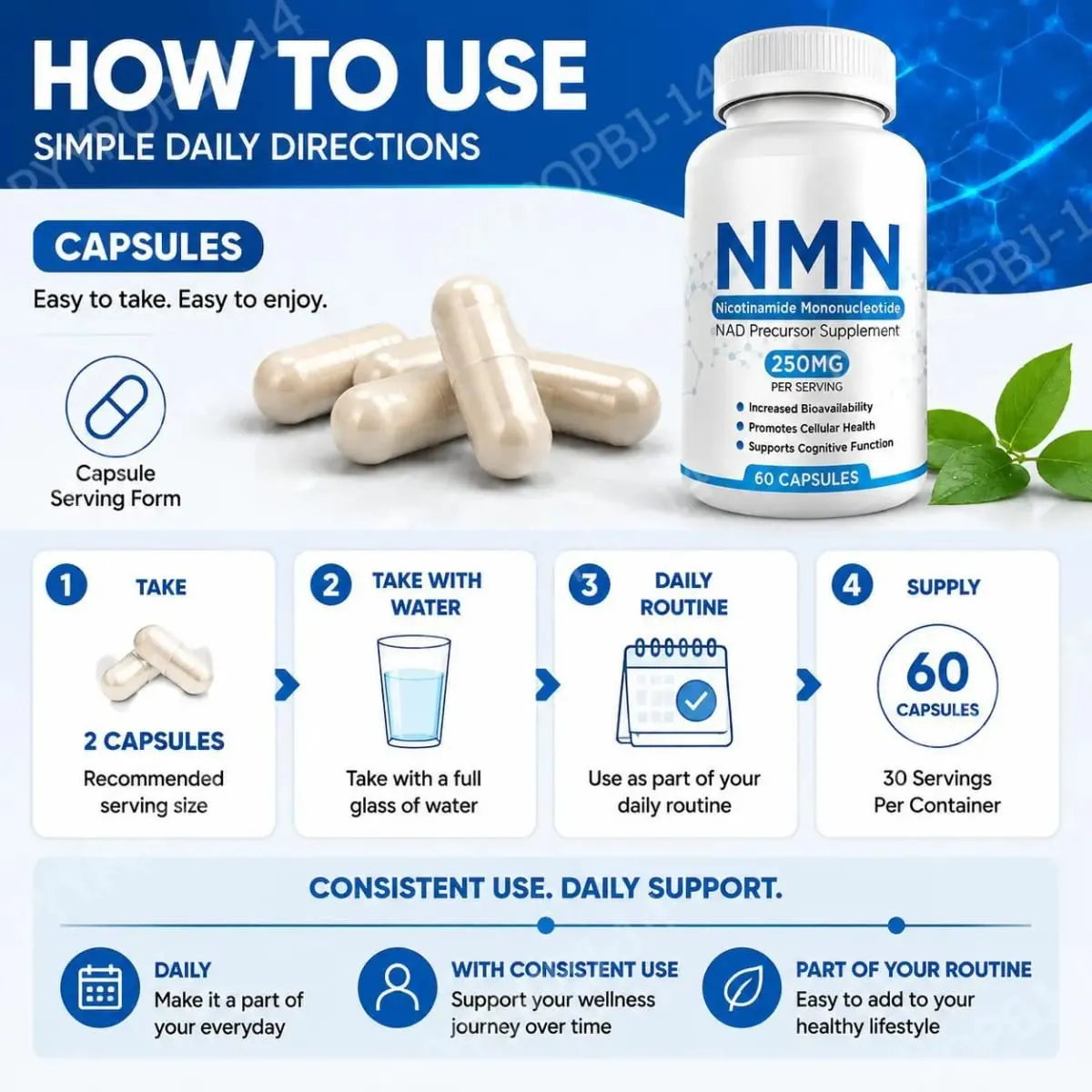 NMN Nicotinamide Mononucleotide Capsules 250 Mg Per Serving Increased Bioavailability Promotes Cellular Health 60 Capsules — image 7
