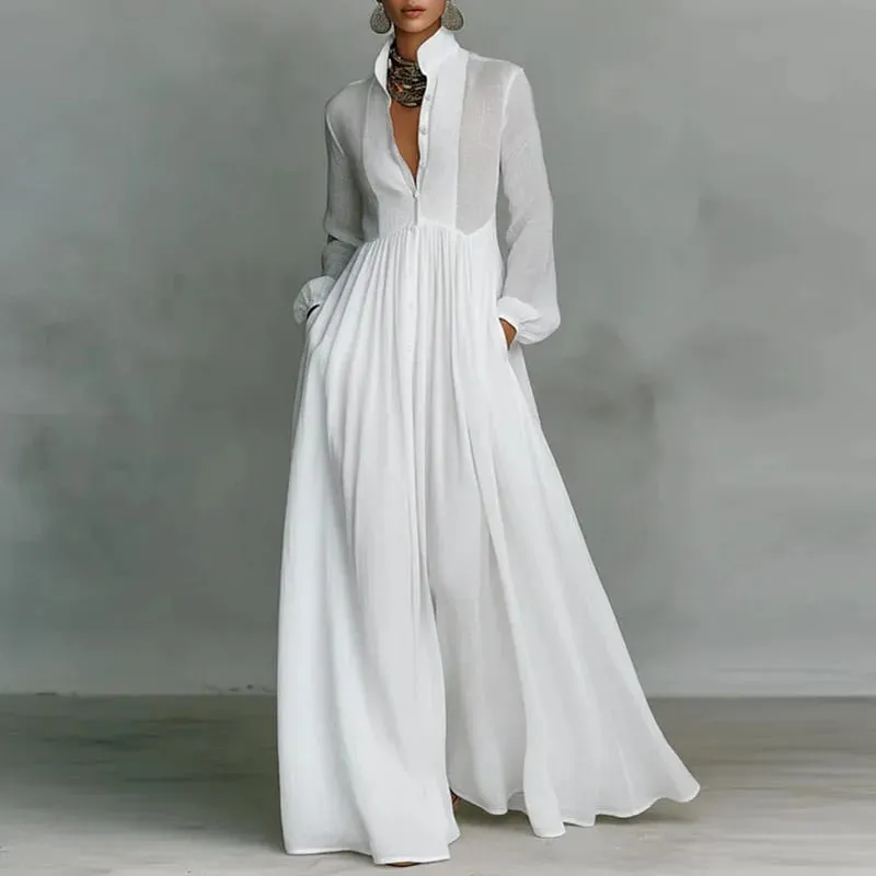 Gaun Panjang Buaian Pinggang Tinggi yang Elegan Wanita Musim Bunga Poket Pepejal Gaun Maxi Berlipat Musim Gugur Lengan Panjang Pakaian Petang — image 7