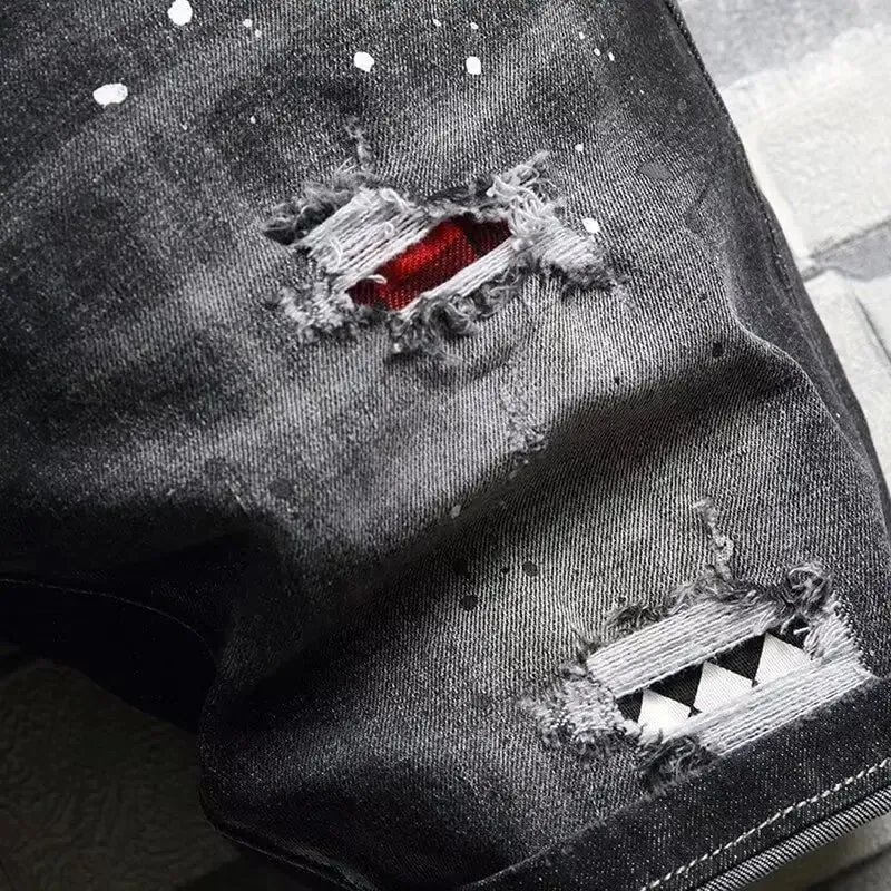 2025 Denim Shorts Men's Summer Trend Brand Printed Embroidered Trend Slim-Fit Casual Elastic Black Trousers Man Jeans Pants — image 4