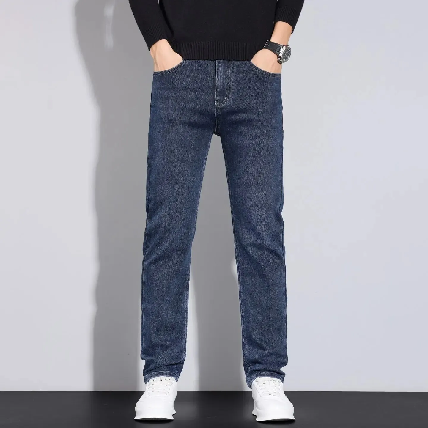 2026 New Business Men's Jeans Casual Straight Stretch Fashion Classic Blue Black Work Denim Pant Trousers Male Clothing