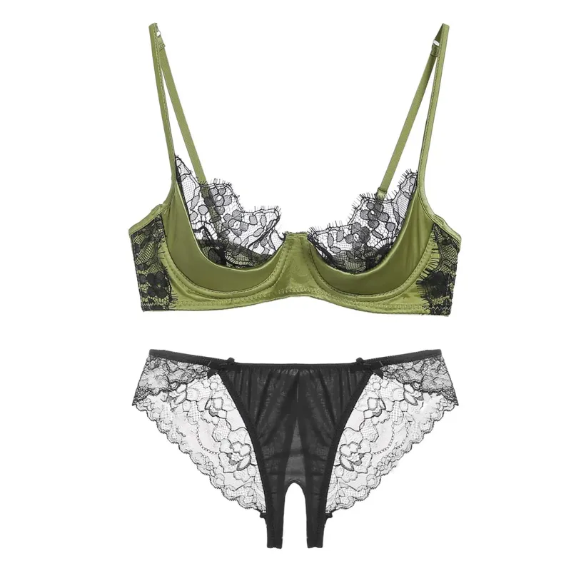 Half Cup Lingerie Set Women Green French Lace Ultra Thin Sheer Soft Comfortable Underwire Bra Small Bust 32‑38AB Set