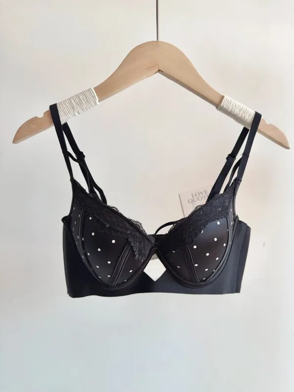 Women Sexy French Lace Push Up Bra Set Polka Dot Small Cup Shaping Sweet Lingerie Breathable Underwear Daily Dating Nightwear