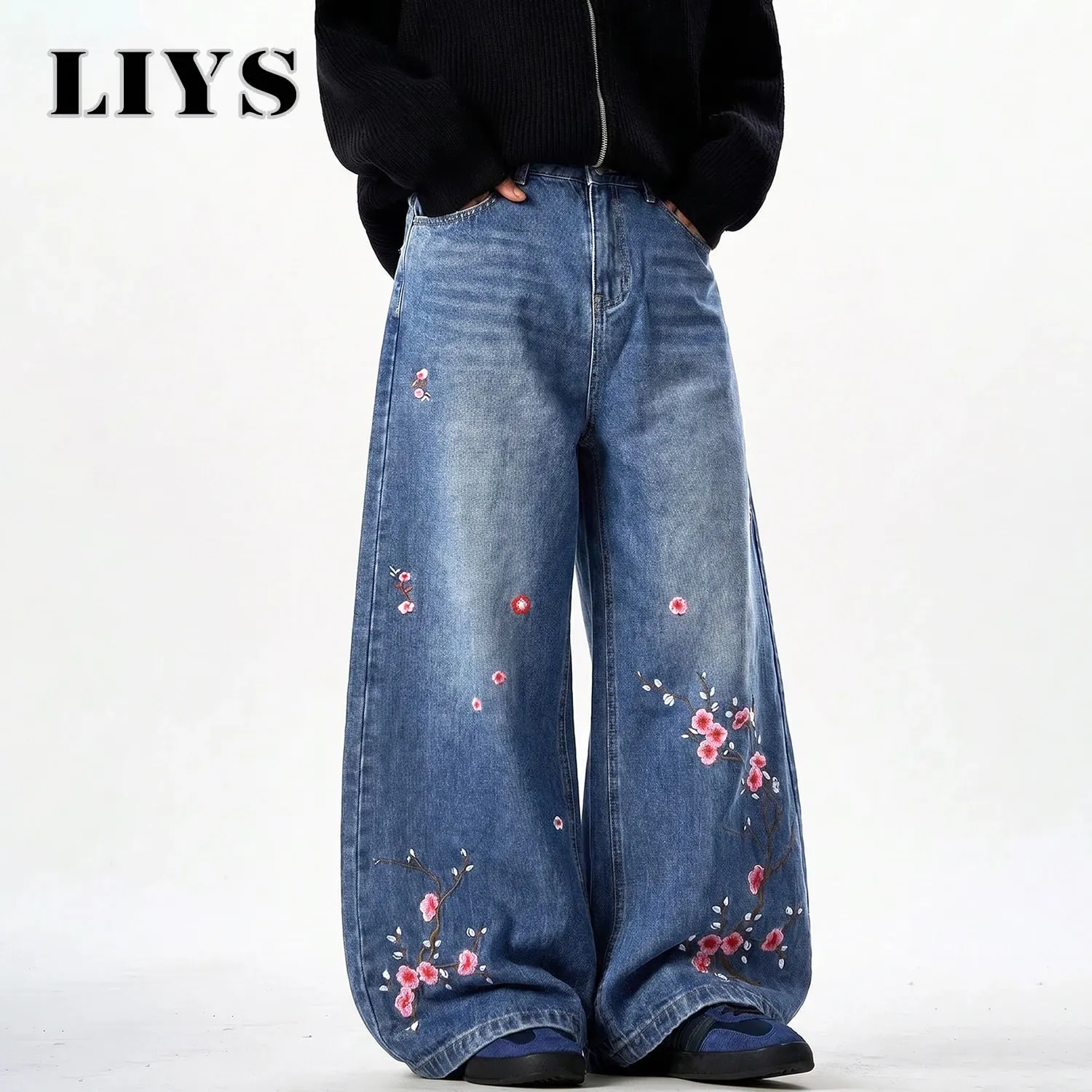 Men's Retor Plum Blossom Embroidered Baggy Jeans Blue Washed Wide Leg Denim Streetwear Casual Denim Pants Unisex — image 3