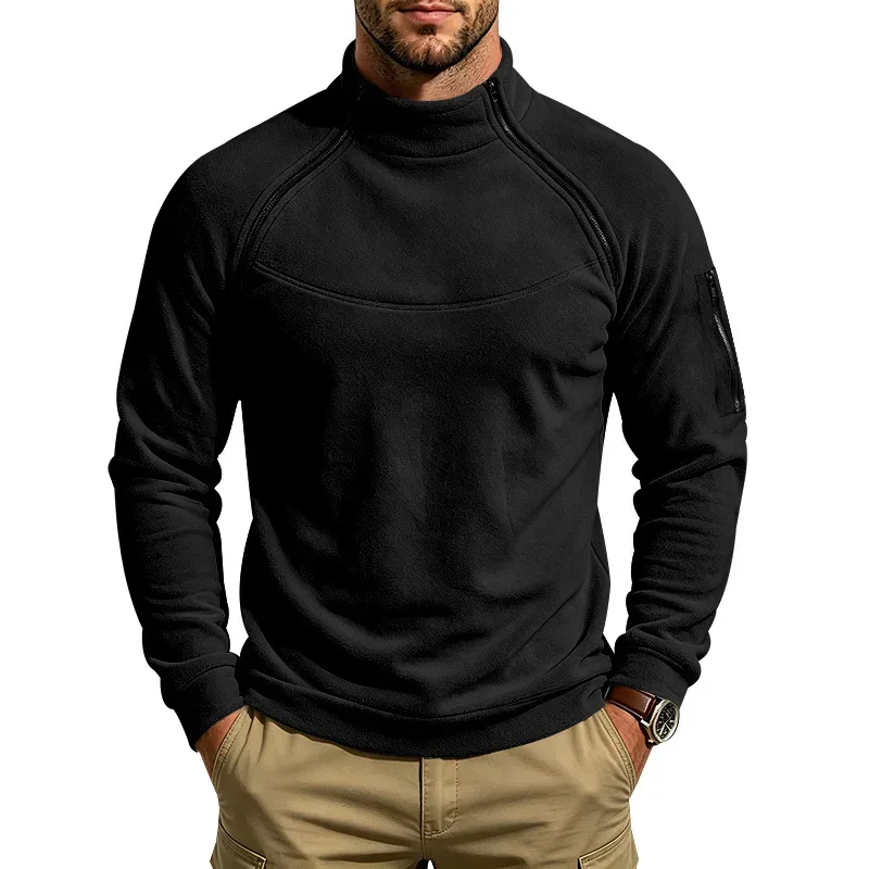 Men Fleece Stand Collar Sweatshirt Diagonal Zipper Arm Pocket Long Sleeve Loose Casual Pullover Autumn Winter Outdoor Tops — image 1