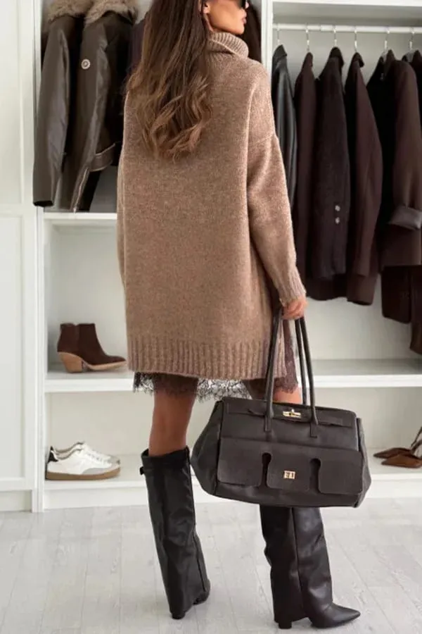 New Women's Dress 2-piece Knitted Sweater Turtleneck Lace Loose Fashionable Drop Shoulder Long Sleeve Female's Mini Skirt