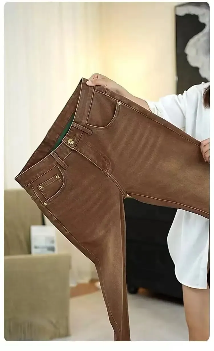 2026 New High-end High-quality Denim Brown Baggy Cotton Elastic Jeans Retro Nostalgic Men's Vintage Straight-fit Trousers — image 5
