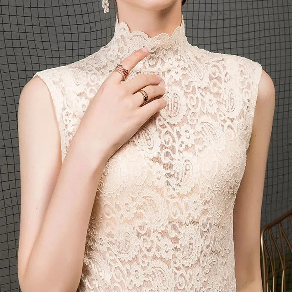 Débardeur Floral élégant à col mi-haut, t-shirt ajouré noir et blanc, gilet sans manches pour femmes et filles — image 12