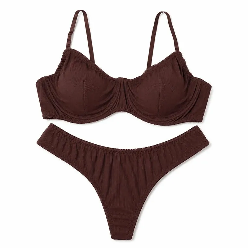 Women Solid Ribbed Lingerie Set Underwire Thin Cup Bra Matching Low Rise Thong Soft Daily Intimates