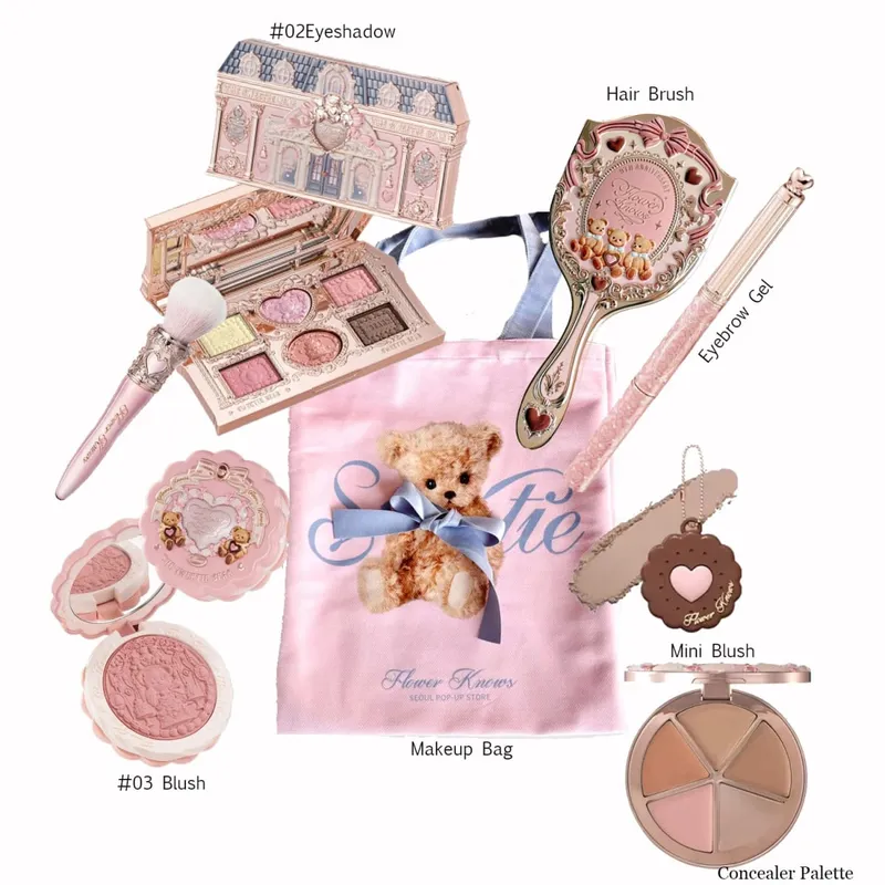Flor sabe kit de maquiagem querida urso corretivo paleta seda cetim blush lábio geléia espelho clipe de cabelo saco de maquiagem mini pó conjunto — image 2