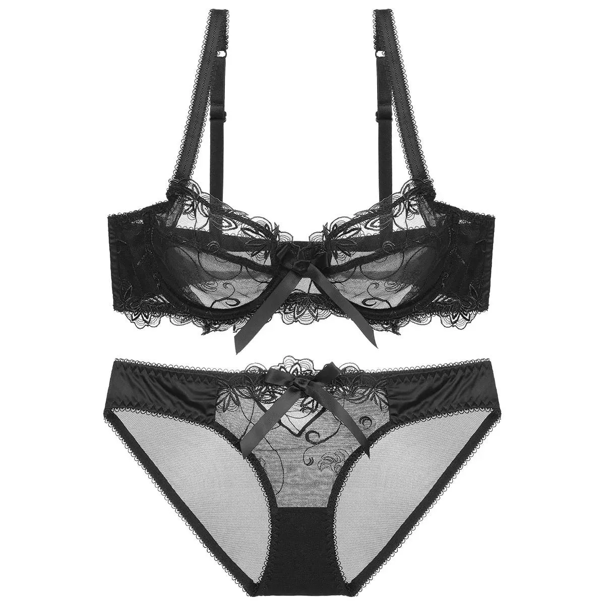 Lace Push Up Bra Set Breathable PantiesThin Mesh Cup Transparent Behalf Lingerie Bow Embroidery Flora Soutien Gorge — image 3