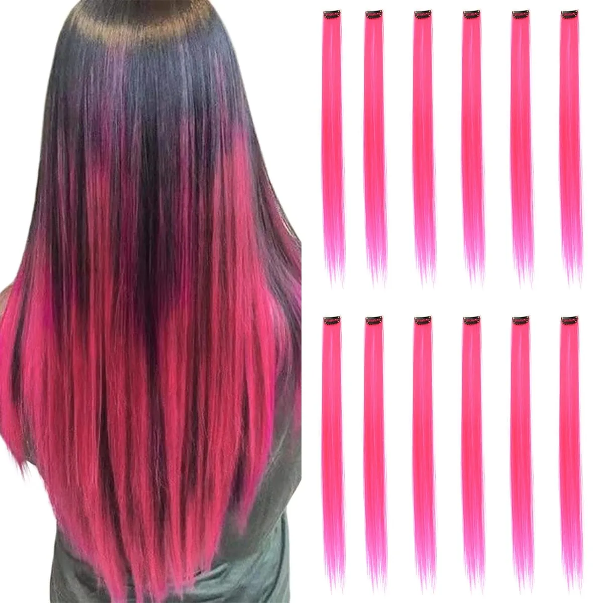 Farbige Haarverlängerungen, lila Farbe, Clip-in-Haarverlängerung, 12 Stück, Highlight, buntes Haarteil, gerade synthetische Haarteile