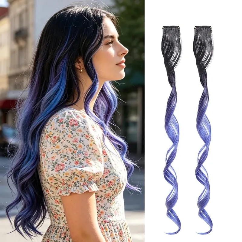 Gradient Wave Clip - in Hair Extensions 2pcs Synthetic Fiber Color - Blocked Tassel Ear - Side Dyeing for Daily Party Cosplay — image 9