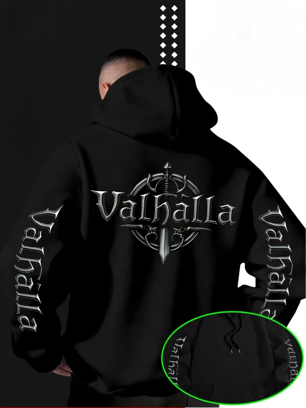 Sweat à capuche ample Viking Valhalla avec logo imprimé en forme d'épée pour homme, adapté pour l'automne et l'hiver. — image 4