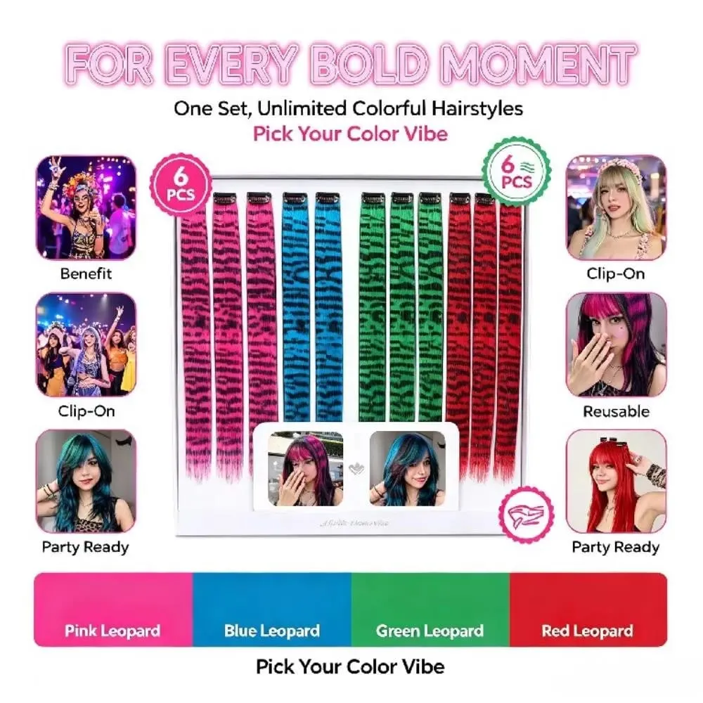 6pcs/set Stripe Printed Hair Colorful Long Straight Hair Piece Synthetic Clip-in Hair Extensions Daily Party Halloween Christmas — image 4