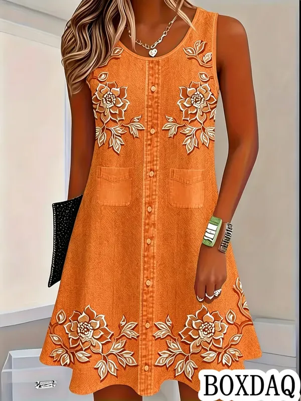 Women Vintage Pattern Flowers Print Dresses Summer Fashion Sleeveless Dress Casual Sundress Beach Loose Dress — image 6