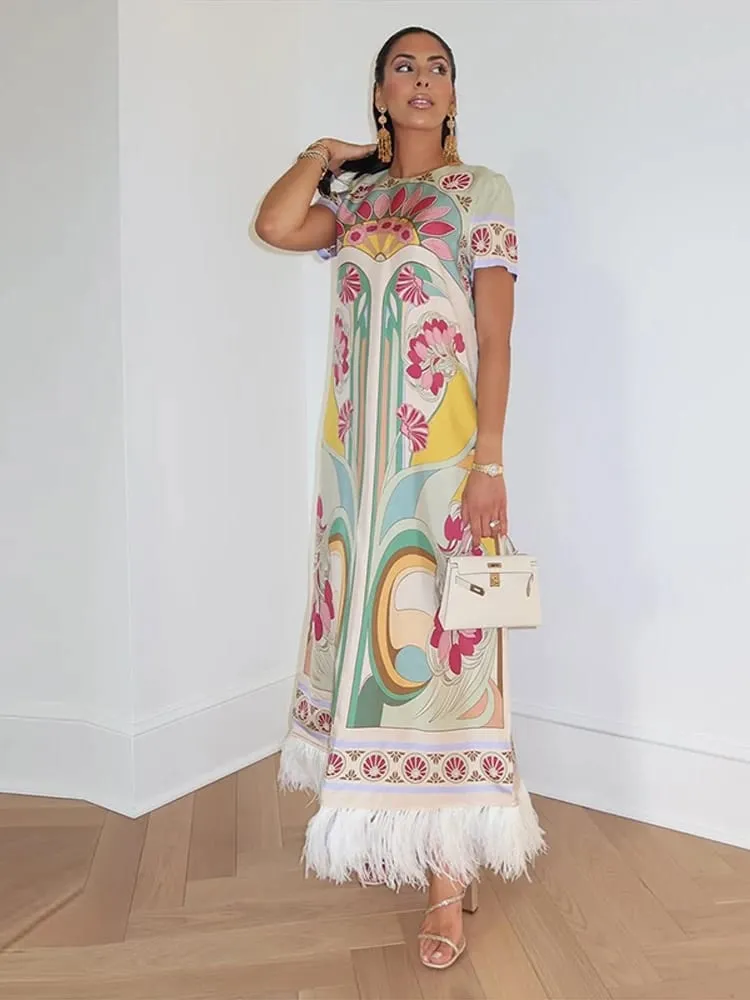 Chic Printed Women's Dress O-Neck Short Sleeve Loose Feather Patchwork Women'S Long Dresses 2026 Summer Female Vacation Robe — image 6