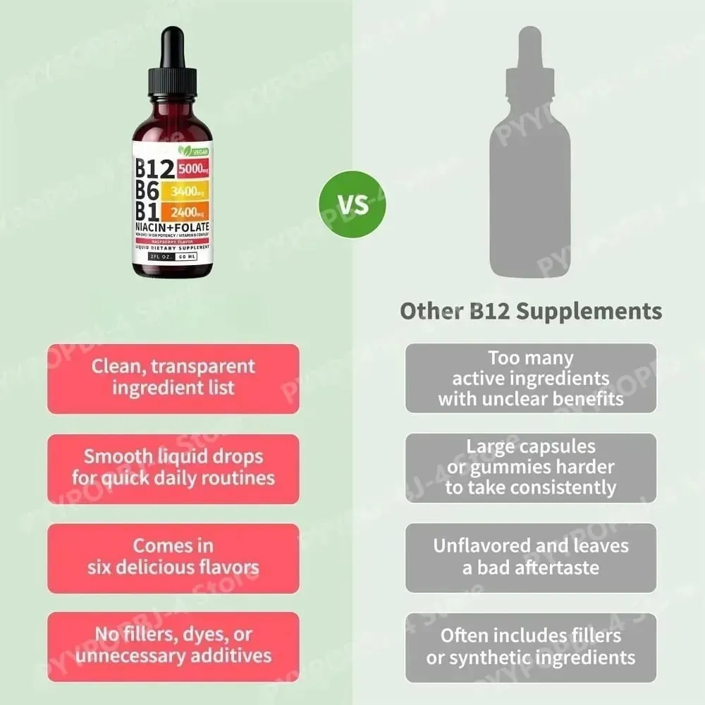 Vitamin B12 B6 Liquid Drops 60ml B Complex with B1 Niacin Folate Raspberry Vegan Daily Wellness Supplement 40 Servings Adults