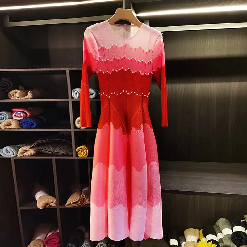 Designed Women's Pleated Dress O-neck Loose Fit High-end Fashion Color Block Beaded Long Sleeve Famale Clothing 2DB6598 — image 3