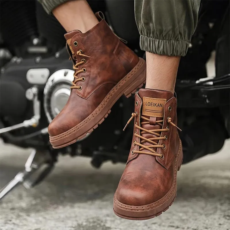 Men High‑top Casual Boots Faux Leather Lace‑up Thick Non‑slip Block Sole Stitched Detail For Urban Street Daily Outing — image 3