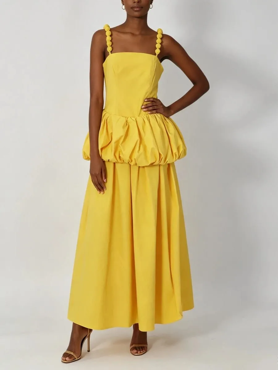 VGH Trend Yellow Maxi Dress Women Square Collar Sleeveless Folds Elegant Long Skirt for Club Evening Party Summer Fashion New — image 3