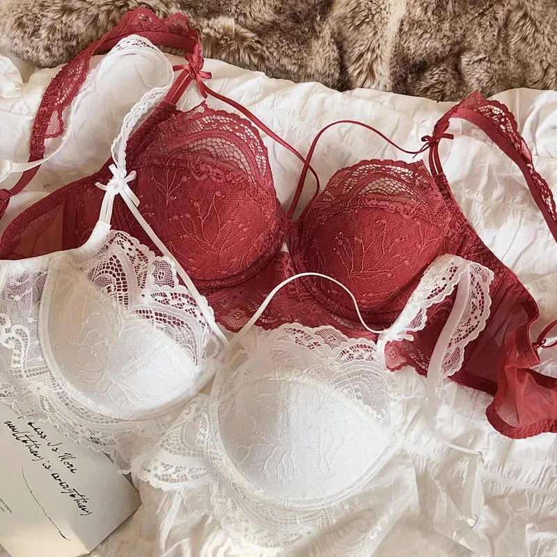 Lace ultra-thin big breasts bra with panties women sexy push up lingerie anti-sagging gathered laides underwear set — image 4