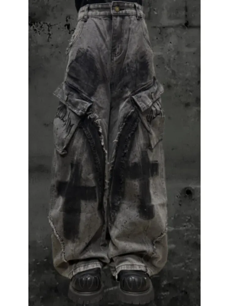 Unsiex Gothic Punk Jeans 2026 Distressed Splash Ink Jeans For Women Men Y2K Graffiti Wide Leg Pants Loose Fit Washed Denim — image 9
