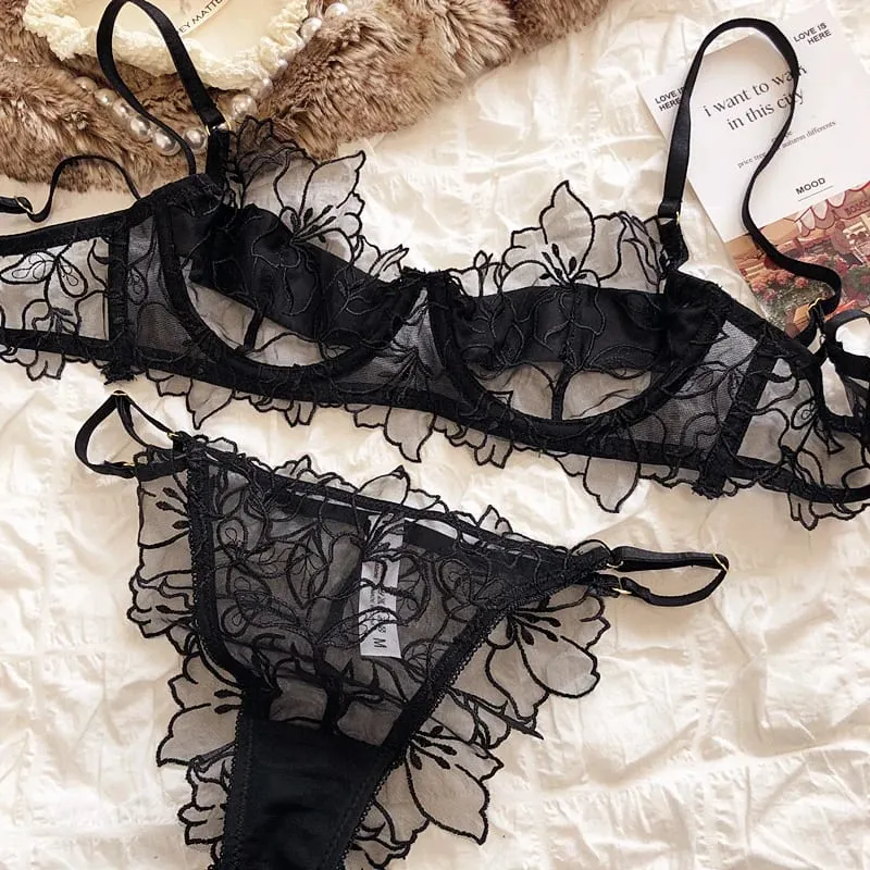 프랑스어 속옷 세트 섹시한 레이스 꽃 자수 브래지어 세트 여성 Intimates 여름 울트라 얇은 통기성 Bralette 란제리 팬티