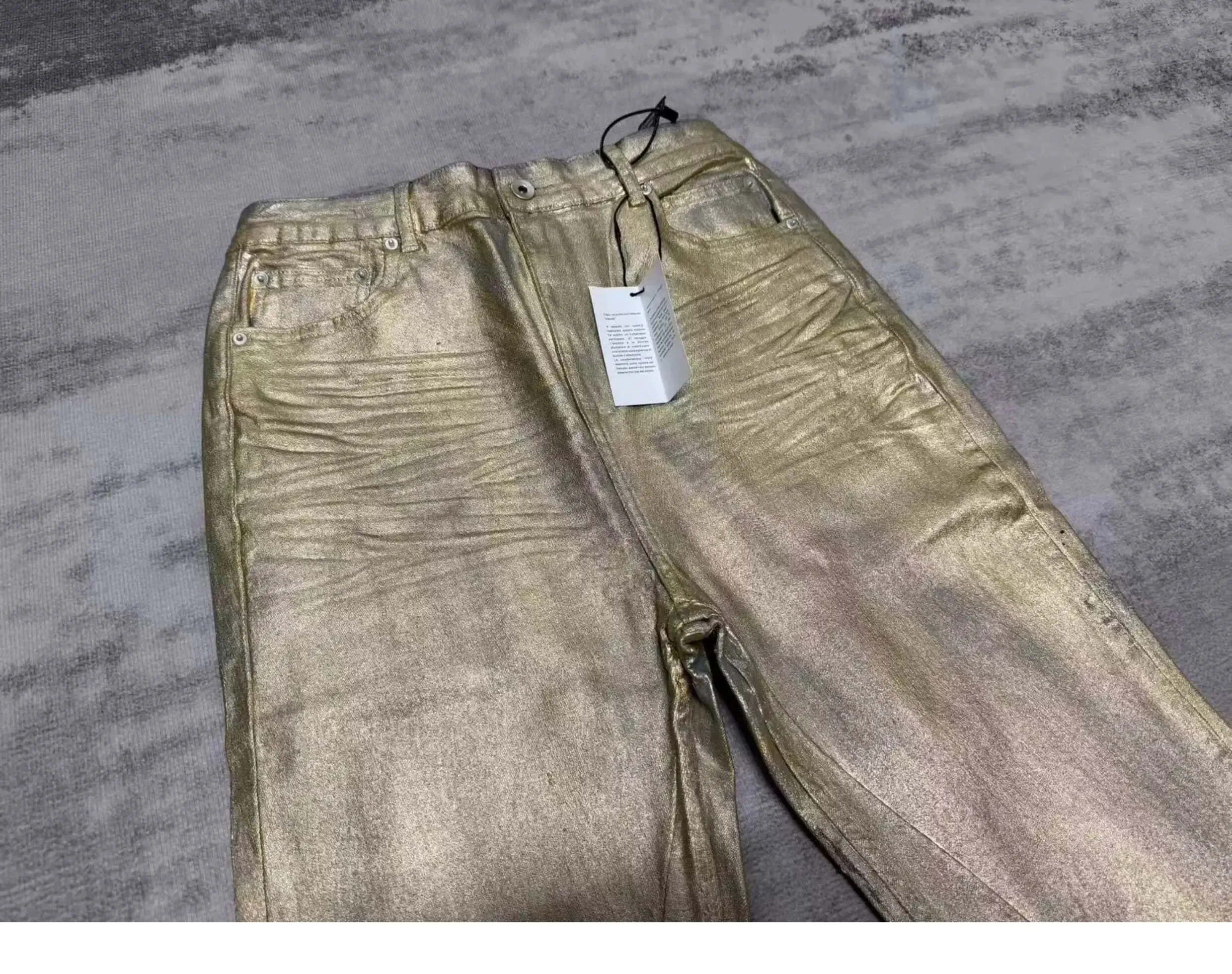 High Street RO Wind Pant Men Heavy Industry Coating Gold Brushed Three Dimensional Floor Pulling Horn Jeans Gold Plated Pants — image 3