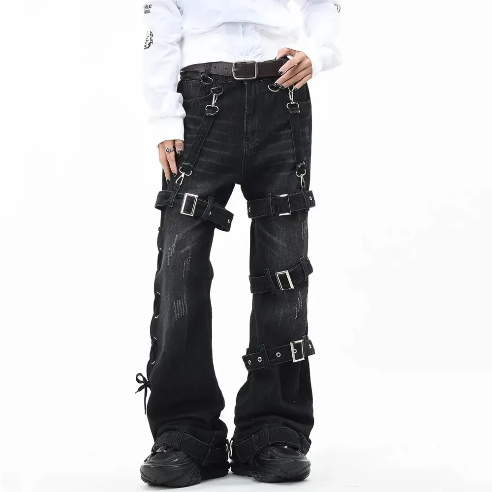 Gothic Punk Multi Buckle Strap Slim Fit Black Jeans Man Woman Ripped Vintage Techwear Bootcut Jeans — image 4