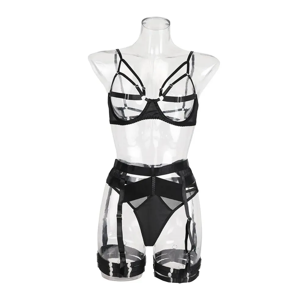 Transparent Cupless Bra With Garter Belt PVC Lingerie Set Women Open Bra Thong Leg Straps See Through Harness Outfit