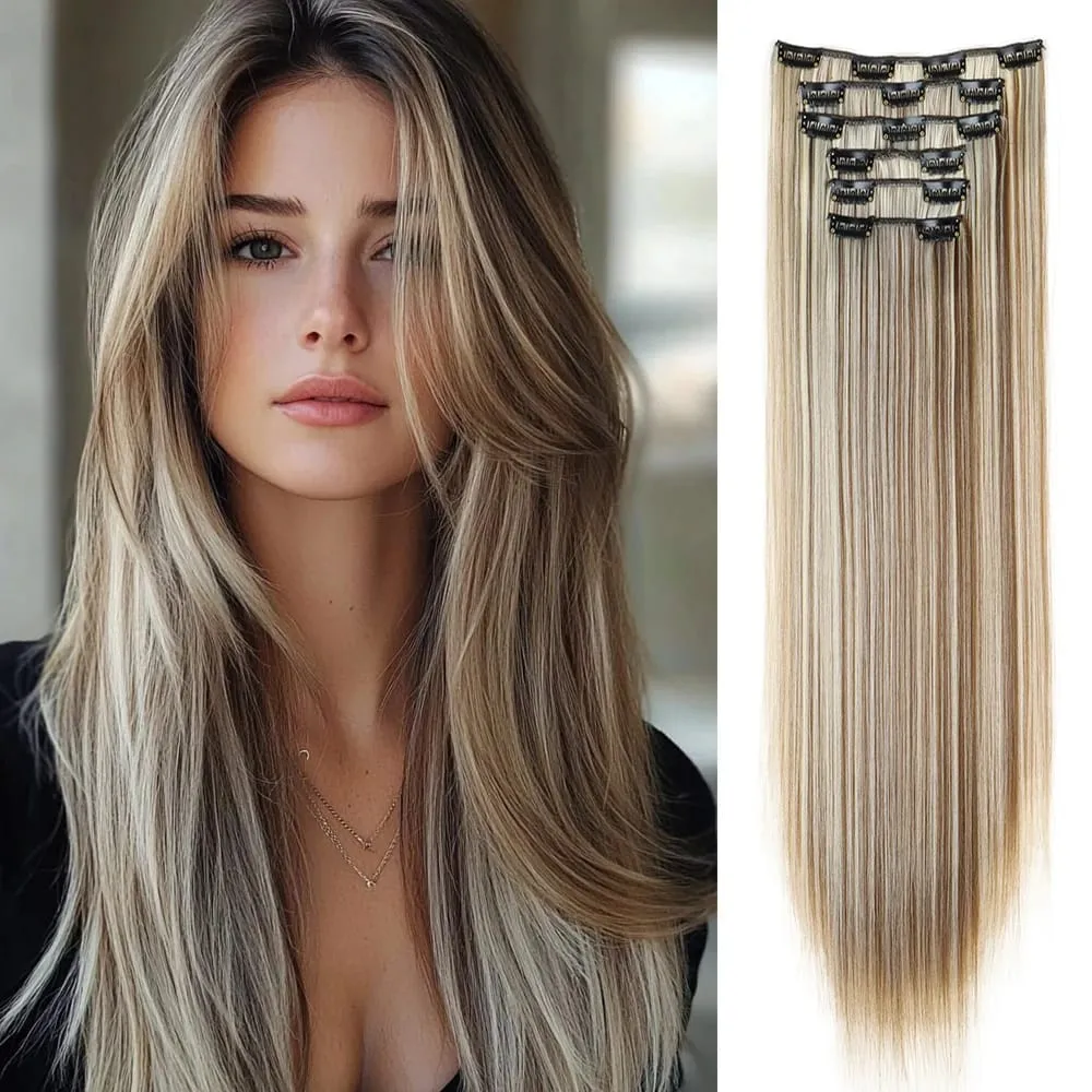 Black Hair Extensions 24"/60cm 6pcs/set Women Long Straight Synthetic Full Head Clip 16 Clips Ombre Heat Resistant Fiber Hair — image 15