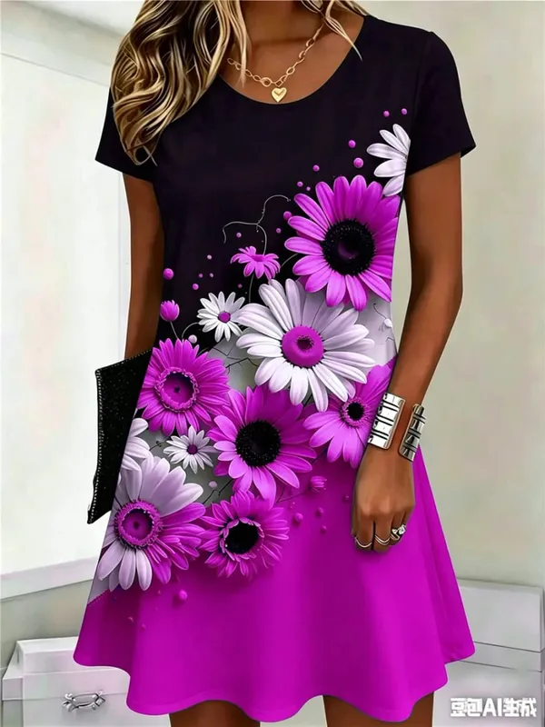 Fashion Street Floral Pattern Women Mini Dresses Summer Short Sleeve 3D Flower Printed Ladies Dress O-Neck Loose Casaul Dress