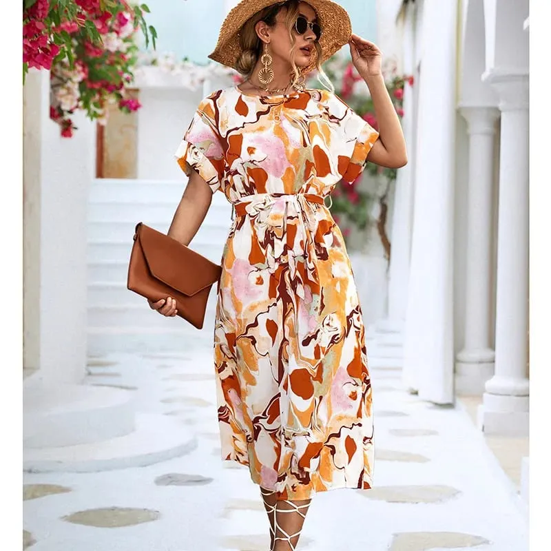 Women Long printed Dress with sashes Fashion Slim Chiffon O-neck A-line Loose Dress Elegant female holidays beach dresses — image 8