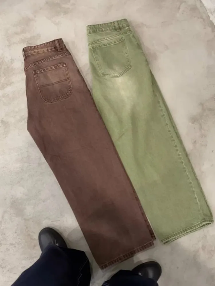 Mens Jeans Matcha Green Washed Gradient Denim Pants Harajuku Unisex Loose Fit Straight Leg Wide Leg Casual Streetwear Fashion — image 5
