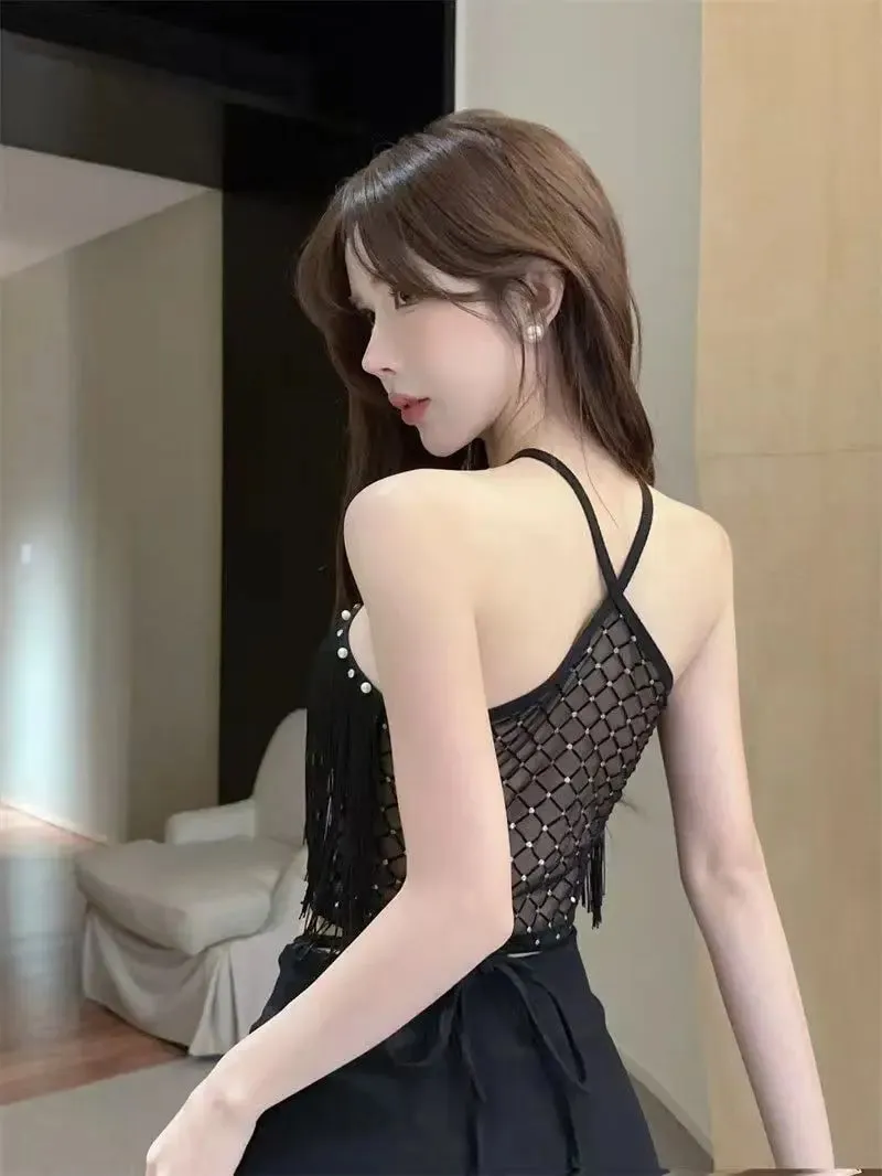 Decorative Halter Top with Padded Cups Long Tassel Pearl Sparkling Diamond Retro Millennial Style Sexy Halter — image 3