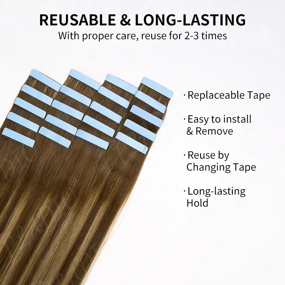 100% Human Hair Tape in Extensions 20Pcs 50g Remy Skin Weft Seamless Invisible Silky Straight Thick Ends for Wedding Women — image 7