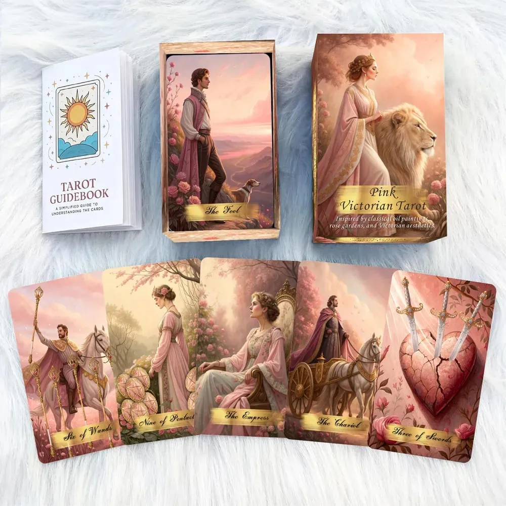 Pink Victorian Tarot Cards Set 78 Pieces 13x8 Cm Romantic at Elegant na Disenyong May Kasamang Mga Tagubilin sa Papel Perpekto para sa Baguhan