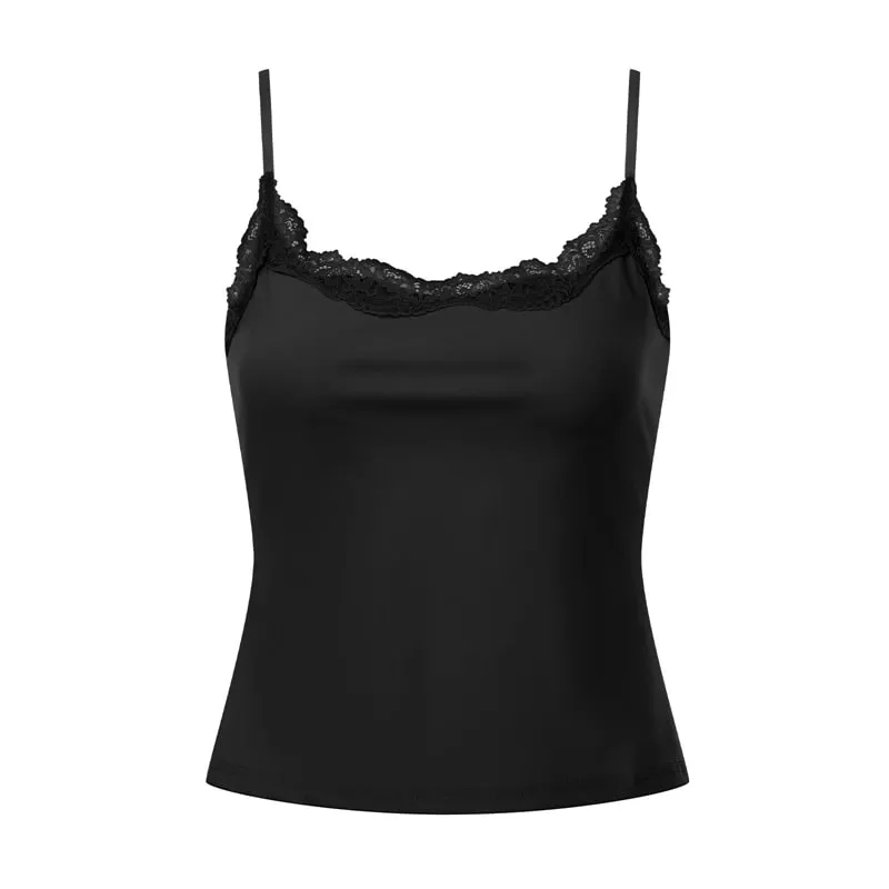 Women’s Lace Trim Pink Cami Vest Spaghetti Strap Sleeveless Slim Fit Tank Top Casual Summer Daily Wear Crop Tops Streetwear