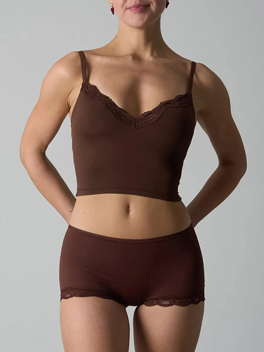 Lace V Neck Padded Bra and Boxer Shorts Set for Women Seamless High Elasticity Ultra Thin Solid Lingerie Set — image 1