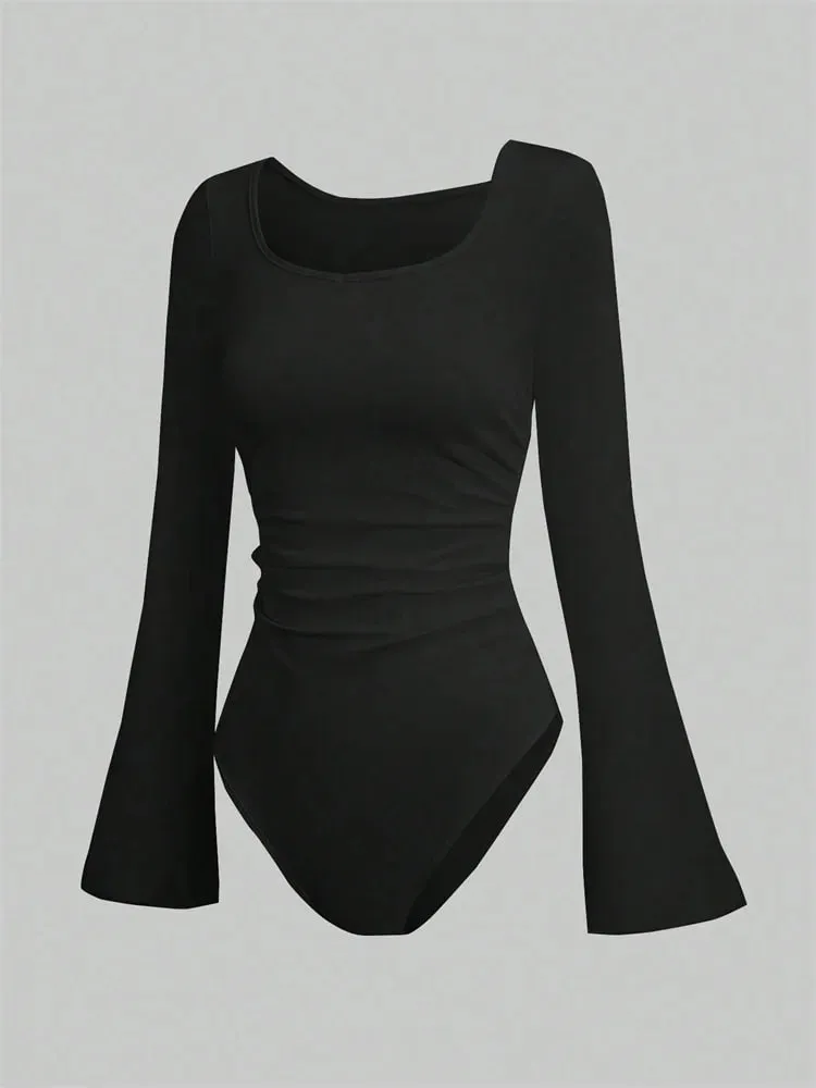 Women's Solid Color Ruffle Hem Flare Long Sleeve Bodysuit Autumn Winter 2024 Round Neck Plain Ruched Slim Fit Romper Top — image 3