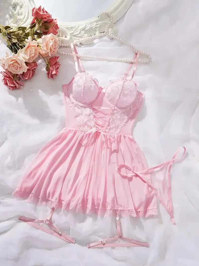 Pink Cute G-strings Lingerie Set Erotic Night Dress Sexi Lenceria Suspenders Ultra-thin Underwear Women Hot Semi-Sheer Nightgown — image 5