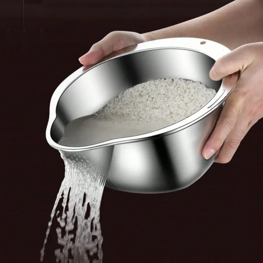 Stainless Steel Rice Washing Bowl with Drain Holes 2-in-1 Vegetable Fruit Strainer Colander Basket for Kitchen Sink