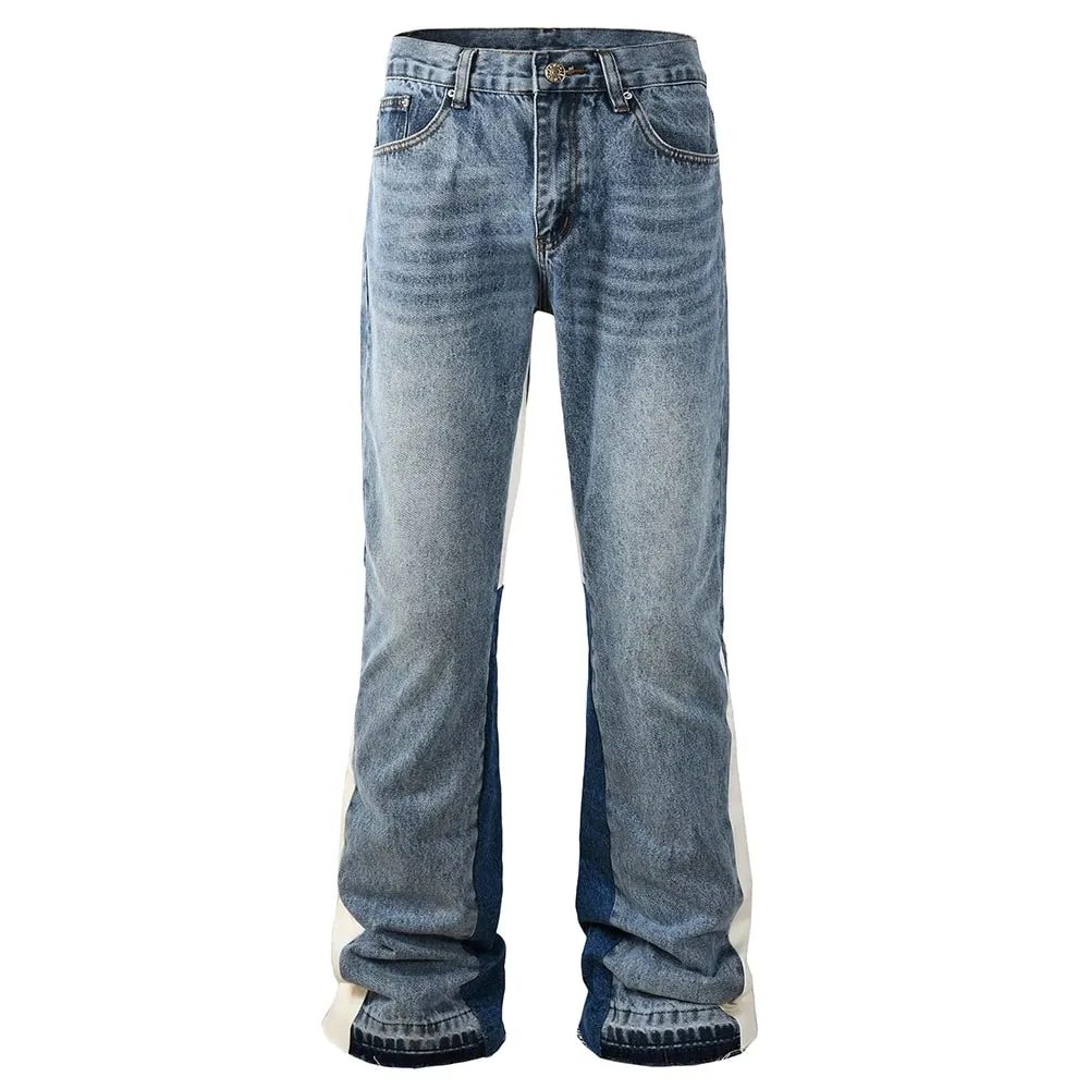 Men Spliced Flared Denim Jeans Patchwork Boot Cut Pants Streetwear Contrast Color Released Hem Blue Trousers — image 5