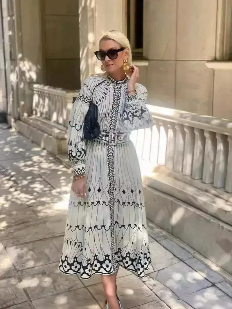 Retro Elegant Stand Collar Long Dress Women Spring Pattern Print Belted Buckle Party Autumn Sleeve A-Line Boho