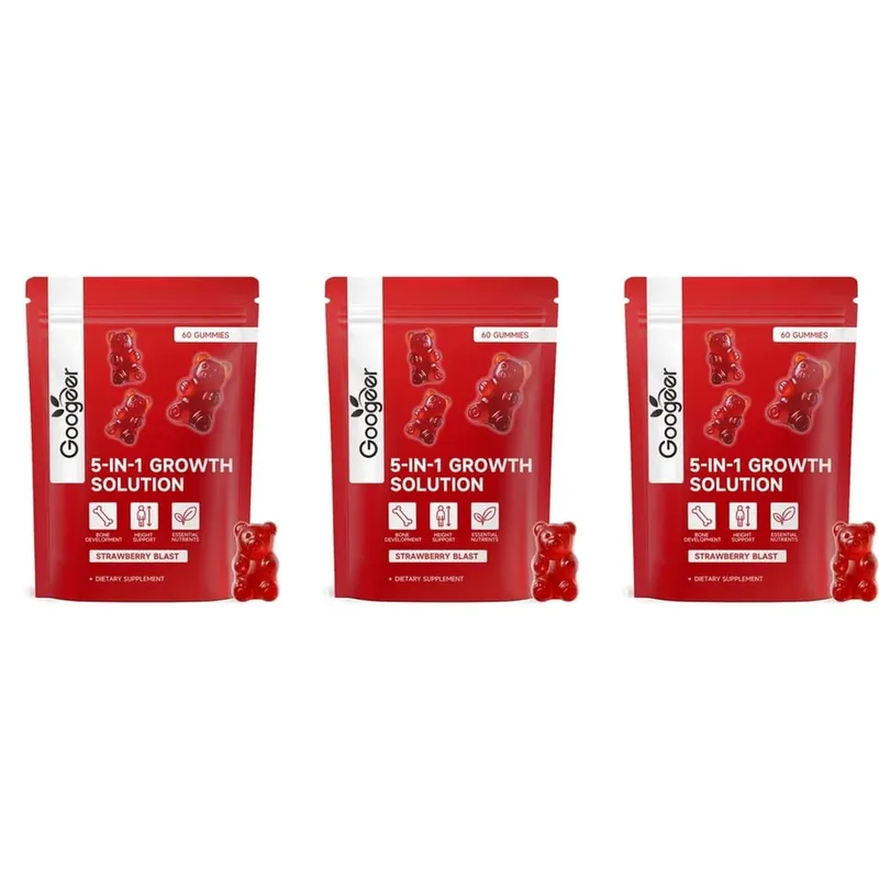 Googeer 5-IN-1 Growth Solution Gummies for Bone Development & Height Support Vitamin D3 K2 Calcium Strawberry Blast 60 Gummies