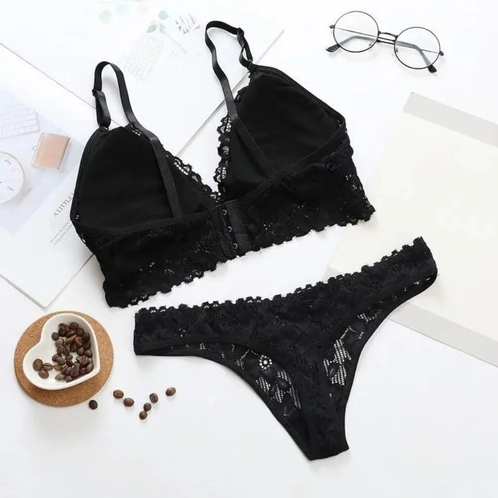 Fashion V Neck Lace Flower Bra Set Thong Solid Color Floral Panties Bra Kit T-Back Lingerie Lace Underwear Valentine's Day Gift — image 5