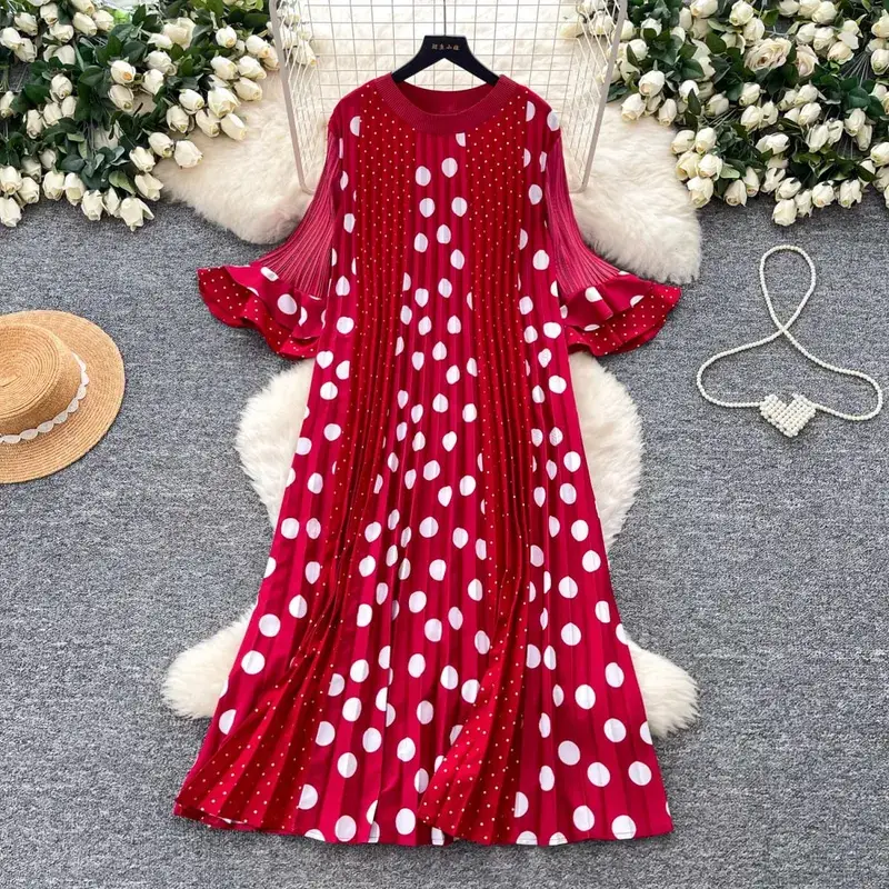 Miyake Pleated Polka Dot Dresses 2026 Summer Flared Sleeves Round Neck Fashion Pleated Long Dress Women Draped Elastic Clothing — image 9