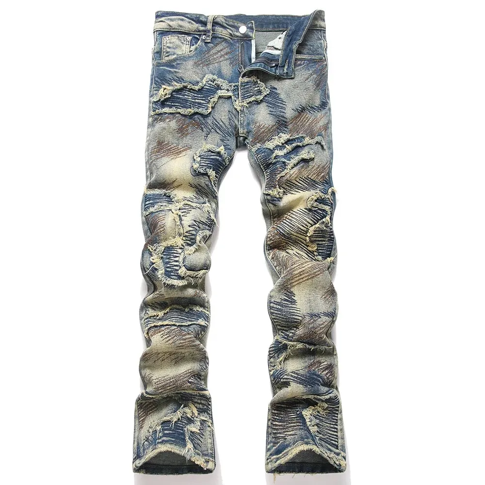 Men Embroidery Patch Boot Cut Jeans Patchwork Stretch Denim Slim Flared Pants Vintage Blue Streetwear Trousers