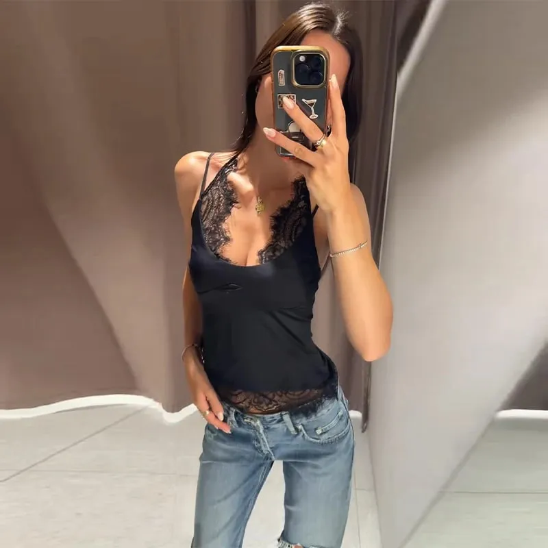 Lace Splice Sheer Bodysuit V Neck Spaghetti Strap Fitted 2026 Summer Women Club Fashion Outfit Party Trendy Slim Lingerie — image 12